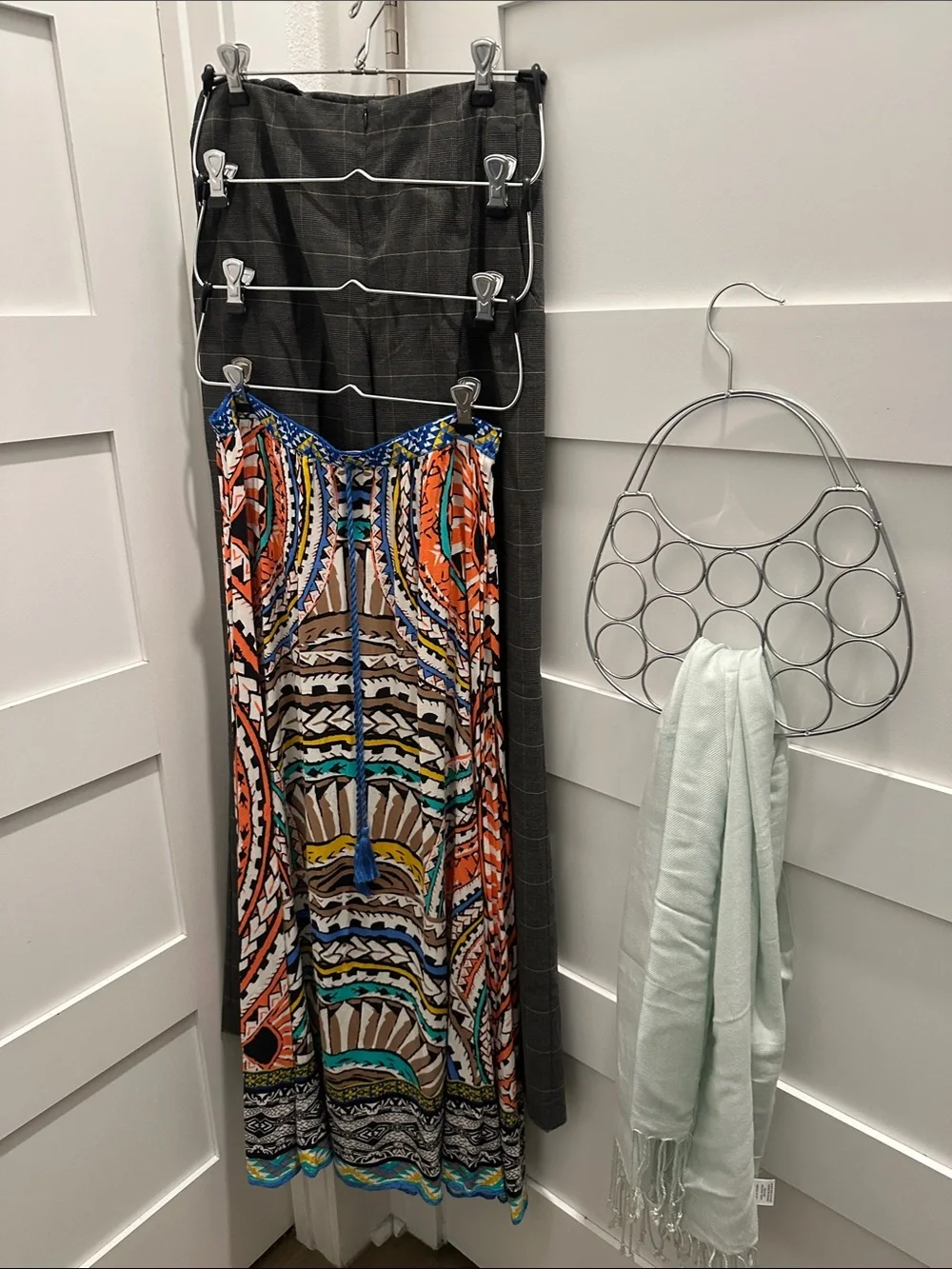 3pc Chrome Closet Organizer Lot: Two 4-Tier Pant Hangers & Scarf/Tie/Belt Holder
